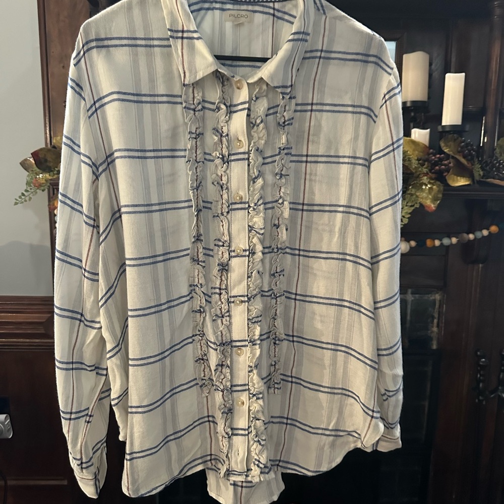 Plaid Button-Up Flannel Shirt with Ruffle Detail